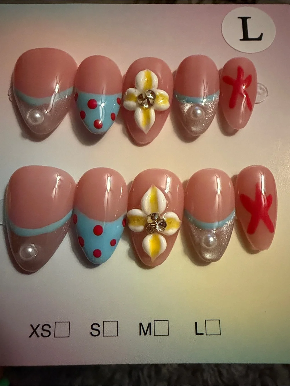 Hand-Painted Floral & Polka Dot Press-On Nail Set - Pink & Blue
